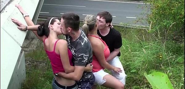  Cum on a chubby girl with big tits in extreme public foursome sex by a highway